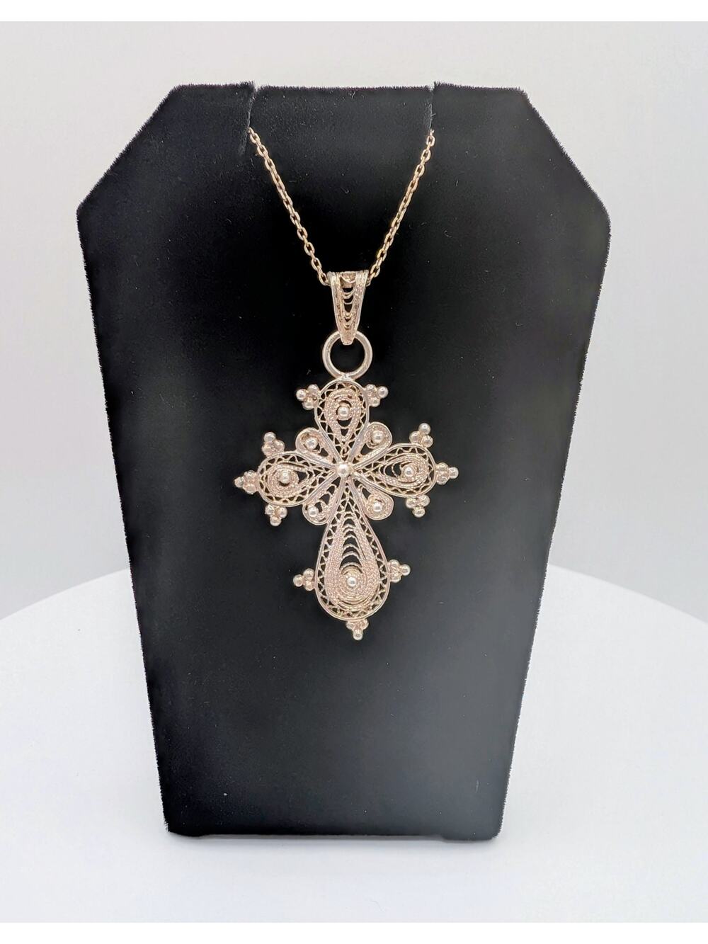 Vintage Turkish Telkari Handmade Cross in Sterling Silver on 19-inch Chain